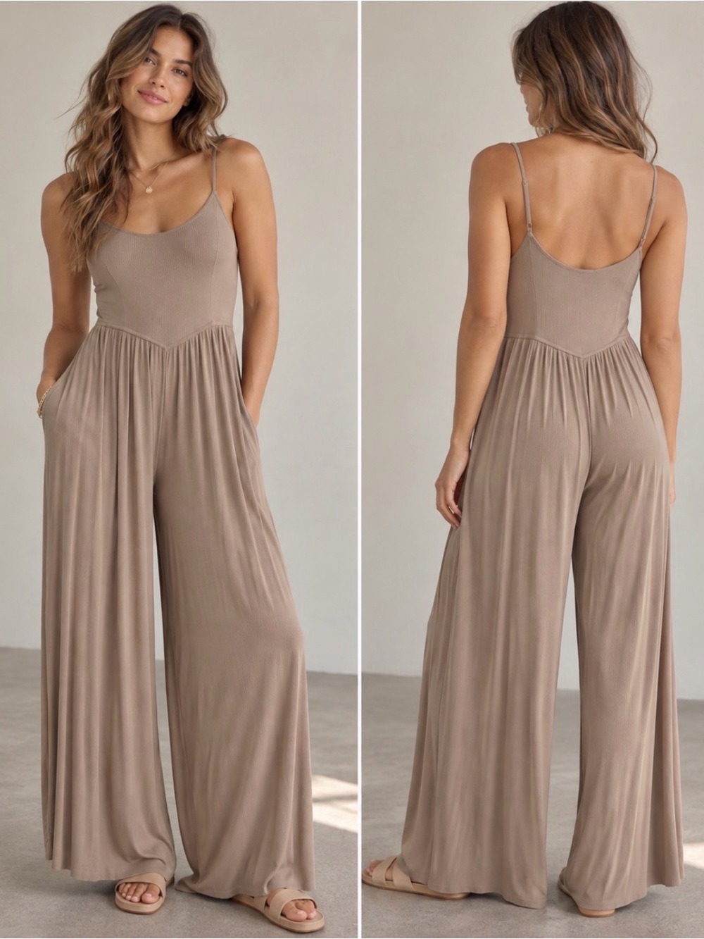 American Eagle Outfitters Taupe Wide-Leg Spaghetti-Strap Jumpsuit